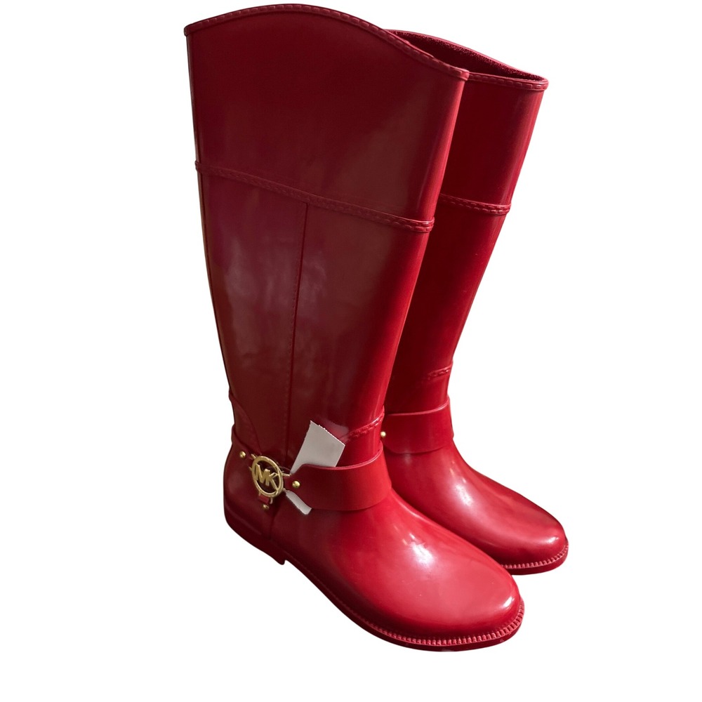 Michael Kors Fulton Harness Red Rubber Rain Boots Gold MK Logo Tall Womens 10M
